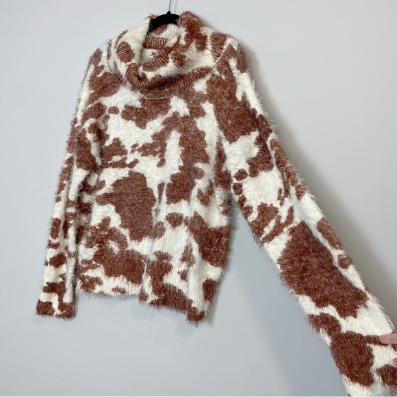 SMYM Frances Holy Cow Print Cowl Neck Fuzzy Sweater - Picture 8 of 11